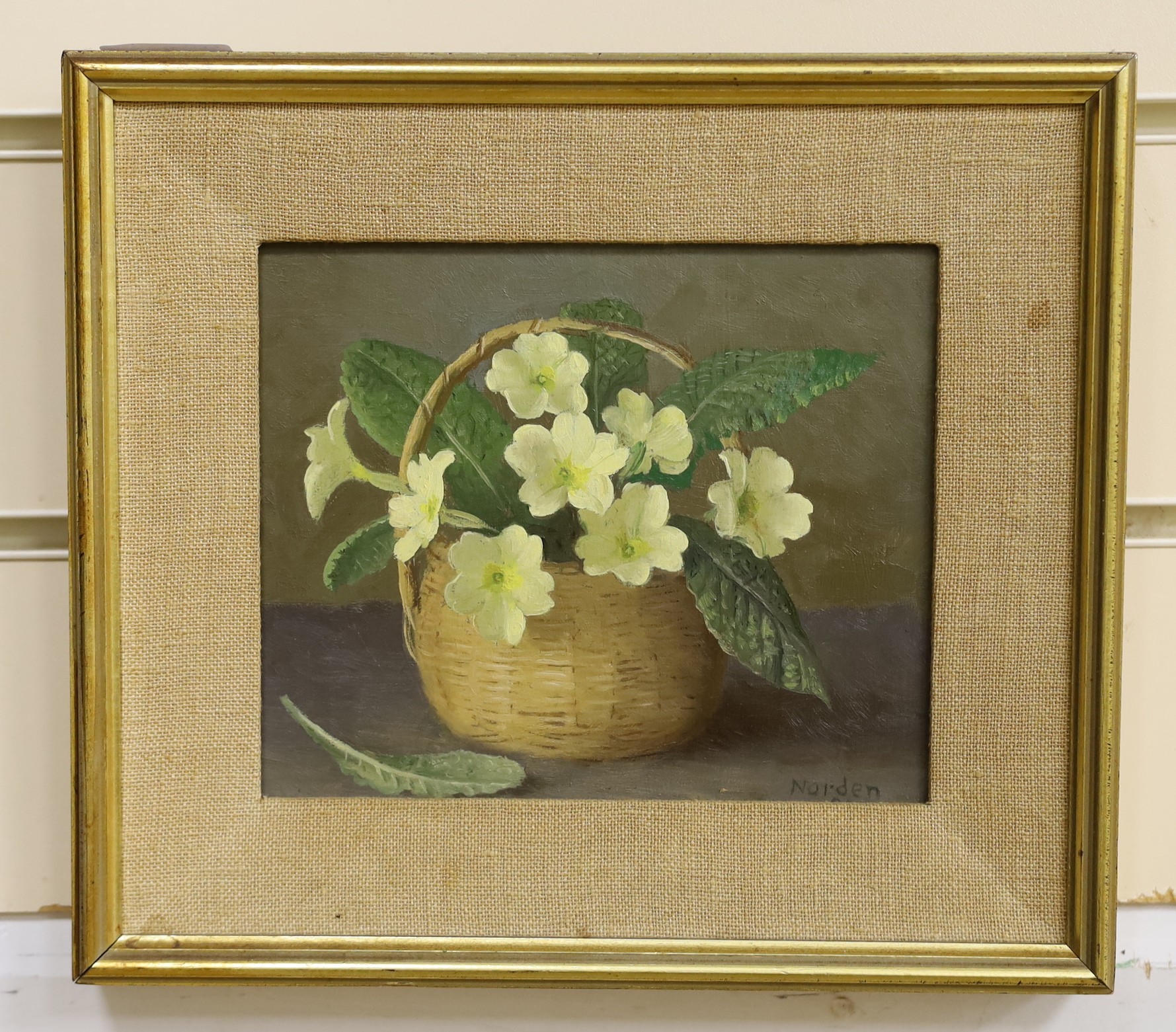 Gerald Norden (1912-2000), oil on board, Primroses in a basket, signed and dated '84, 14 x 16cm